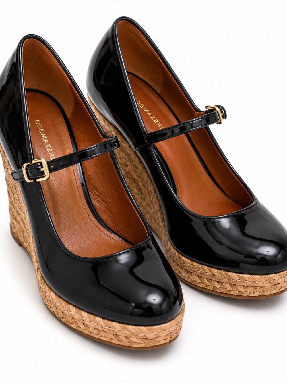 BCBGMAXAZRIA Patent Leather Mary Jane Wedge Heels Espadrille 7.5B